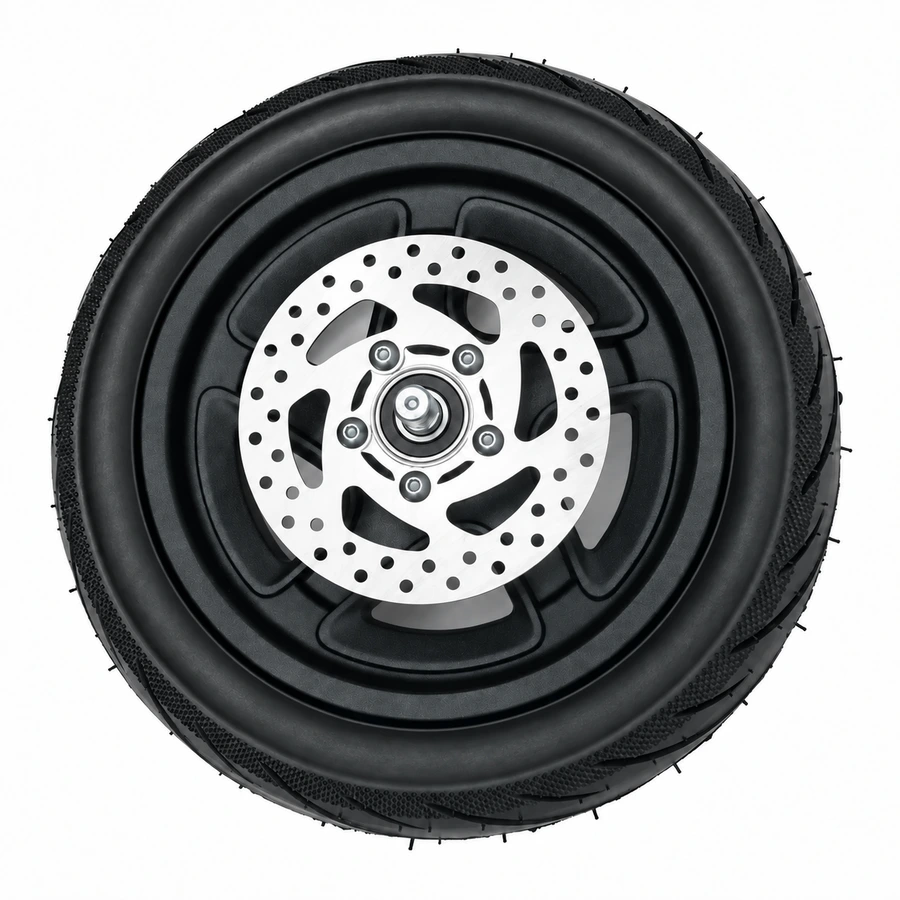 Front wheel assembly, with brake disc, road tread